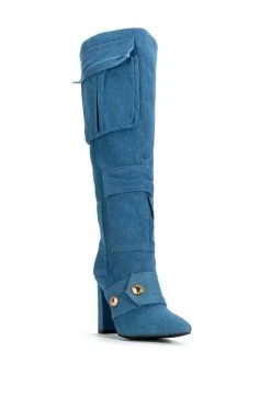 ALL OVER ME CHUNKY CARGO PATCHWORK BOOT IN DENIM -AKIRA salestore all over me chunky cargo patchwork boot in denim blue 3 3