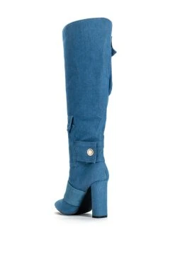 ALL OVER ME CHUNKY CARGO PATCHWORK BOOT IN DENIM -AKIRA salestore all over me chunky cargo patchwork boot in denim blue 4 4
