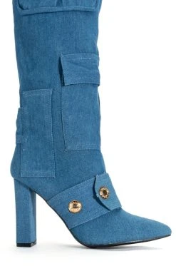 ALL OVER ME CHUNKY CARGO PATCHWORK BOOT IN DENIM -AKIRA salestore all over me chunky cargo patchwork boot in denim blue 5 5