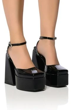 AZALEA WANG CLEMENTINE CHUNKY PUMP IN BLACK PATENT -AKIRA salestore azalea wang clementine chunky pump in black patent black 1 1 c1 c1
