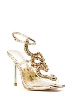 AZALEA WANG COBRA RHINESTONE STILETTO HEEL IN GOLD -AKIRA salestore azalea wang cobra snake rhinestone stiletto heel in gold gold 3 3