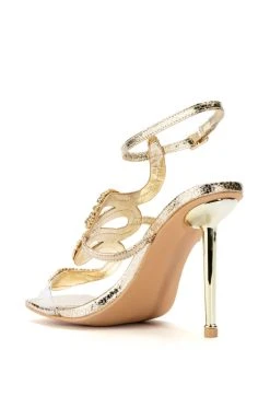 AZALEA WANG COBRA RHINESTONE STILETTO HEEL IN GOLD -AKIRA salestore azalea wang cobra snake rhinestone stiletto heel in gold gold 4 4