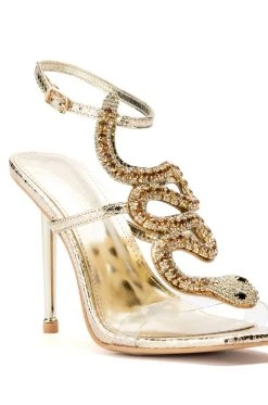 AZALEA WANG COBRA RHINESTONE STILETTO HEEL IN GOLD -AKIRA salestore azalea wang cobra snake rhinestone stiletto heel in gold gold 5 5
