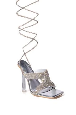 AZALEA WANG DELPHINE RHINESTONE LACE UP SANDAL IN SILVER -AKIRA salestore azalea wang delphine rhinestone lace up sandal in silver silver 7 7