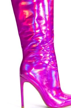 AZALEA WANG DON'T WANNA FALL IN LOVE HOLOGRAPHIC STILETTO BOOT IN PINK -AKIRA salestore azalea wang dont wanna fall in love holographic stiletto boot in pink pink 5 5