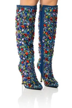 AZALEA WANG EMBER RHINESTONE DENIM STILETTO BOOT IN MULTI