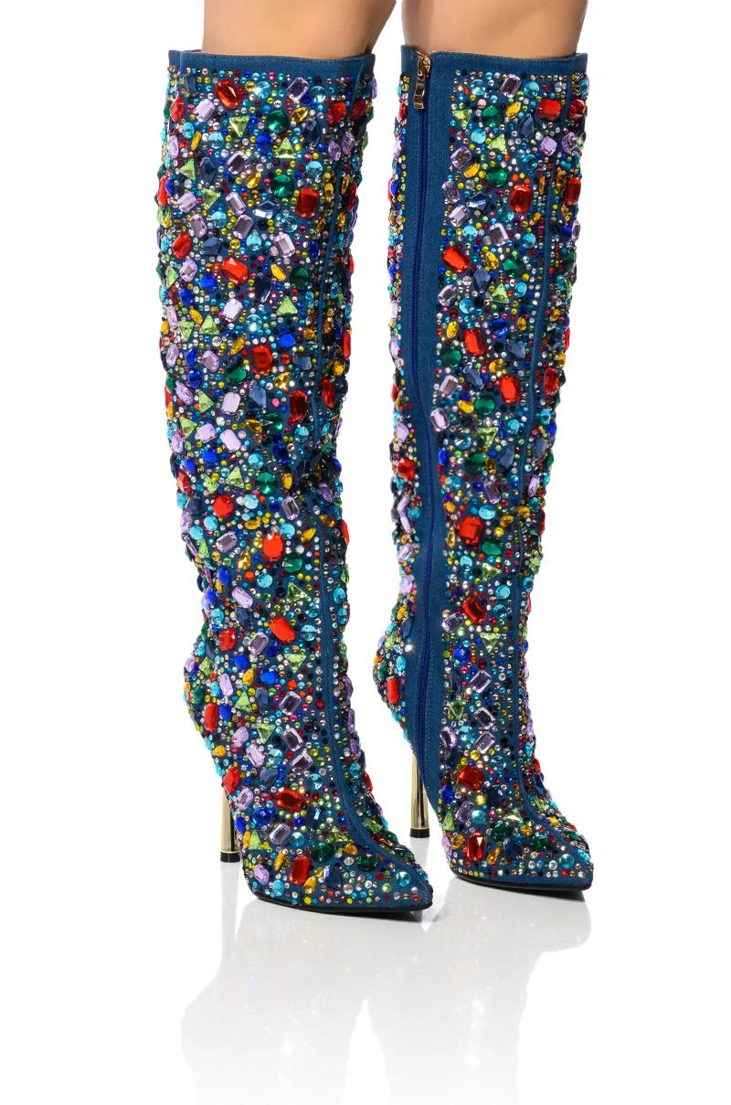 AZALEA WANG EMBER RHINESTONE DENIM STILETTO BOOT IN MULTI 1 AZALEA WANG EMBER RHINESTONE DENIM STILETTO BOOT IN MULTI