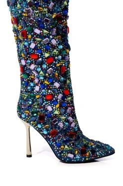 AZALEA WANG EMBER RHINESTONE DENIM STILETTO BOOT IN MULTI 10 AZALEA WANG EMBER RHINESTONE DENIM STILETTO BOOT IN MULTI -AKIRA salestore azalea wang ember rhinestone denim stiletto boot in multi multi 5 5
