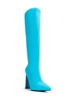 AZALEA WANG ESTATE NEOPRENE KNEE HIGH BOOT IN BLUE -AKIRA salestore azalea wang estate neoprene knee high boot in blue blue 3 3