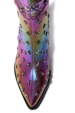 AZALEA WANG FREYA STAR STUDDED IRIDESCENT WESTERN BOOT IN PURPLE -AKIRA salestore azalea wang freya star studded iridescent western boot in purple purple 5 5