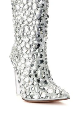 AZALEA WANG HONEY EMBELLISHED PVC BOOT IN SILVER -AKIRA salestore azalea wang honey embellished pvc boot in silver silver 5 5