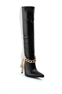 AZALEA WANG HYPE ME UP KNEE HIGH CHAIN BOOT IN BLACK WHITE -AKIRA salestore azalea wang hype me up knee high chain boot in black white black white 3 3