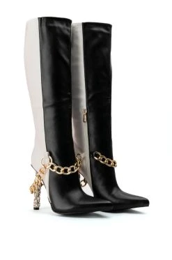 AZALEA WANG HYPE ME UP KNEE HIGH CHAIN BOOT IN BLACK WHITE -AKIRA salestore azalea wang hype me up knee high chain boot in black white black white 5 5
