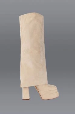AZALEA WANG INVISIBLE FOLD OVER CHUNKY BOOT IN TAN SUEDE -AKIRA salestore azalea wang invisible fold over chunky boot in tan suede tan 1 1 c1