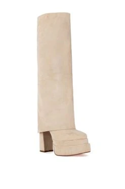 AZALEA WANG INVISIBLE FOLD OVER CHUNKY BOOT IN TAN SUEDE -AKIRA salestore azalea wang invisible fold over chunky boot in tan suede tan 3 3