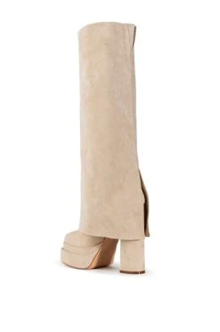 AZALEA WANG INVISIBLE FOLD OVER CHUNKY BOOT IN TAN SUEDE -AKIRA salestore azalea wang invisible fold over chunky boot in tan suede tan 4 4