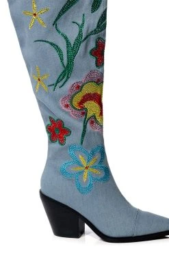 AZALEA WANG IZARA OVER THE KNEE BOOT IN DENIM -AKIRA salestore azalea wang izara over the knee boot in denim denim 5 5