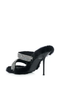 AZALEA WANG KAE EMBELLISHED FAUX FUR STILETTO SANDAL IN BLACK -AKIRA salestore azalea wang kae embellished faux fur stiletto sandal in black black 4 4