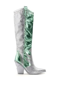 Alternative view of AZALEA WANG LEITTEN CHUNKY WESTERN RHINESTONE BOOT IN GREEN