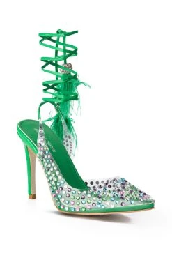 AZALEA WANG LOVE YOU SO EMBELLISHED FEATHER TRIM PVC PUMP IN GREEN -AKIRA salestore azalea wang love you so embellished feather trim pvc pump in green green 3 3
