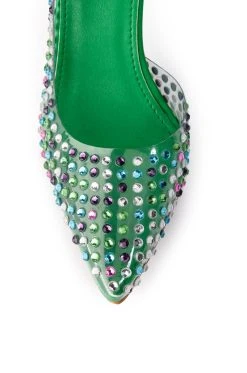 AZALEA WANG LOVE YOU SO EMBELLISHED FEATHER TRIM PVC PUMP IN GREEN -AKIRA salestore azalea wang love you so embellished feather trim pvc pump in green green 5 5
