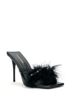 AZALEA WANG LULU FEATHER SLIP ON SANDAL IN BLACK -AKIRA salestore azalea wang lulu feather slip on sandal in black black 3 3
