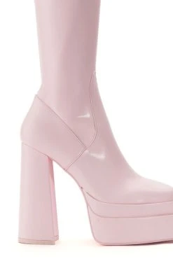 AZALEA WANG MAXINE CHUNKY PLATFORM BOOT WITH 4 WAY STRETCH IN PINK -AKIRA salestore azalea wang maxine chunky platform boot with 4 way stretch in pink pink 5 5