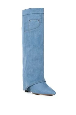 AZALEA WANG MELINA WEDGE BOOT IN DENIM -AKIRA salestore azalea wang melina wedge boot in denim denim 3 3 c1