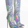 AZALEA WANG DONT WANNA FALL IN LOVE HOLOGRAPHIC STILETTO BOOT IN SILVER