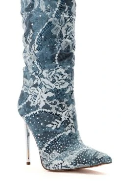 AZALEA WANG OPAL DENIM AND DIAMOND STILETTO BOOT -AKIRA salestore azalea wang opal denim and diamond stiletto boot denim 5 5