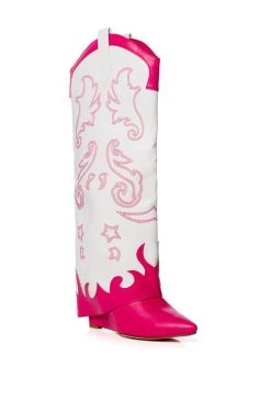 AZALEA WANG OUTLAND WESTERN WEDGE BOOT IN FUCHSIA WHITE -AKIRA salestore azalea wang outland western wedge boot in fuchsia white fuchsia 3 3