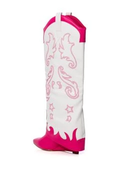 AZALEA WANG OUTLAND WESTERN WEDGE BOOT IN FUCHSIA WHITE -AKIRA salestore azalea wang outland western wedge boot in fuchsia white fuchsia 4 4