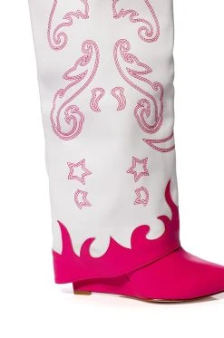 AZALEA WANG OUTLAND WESTERN WEDGE BOOT IN FUCHSIA WHITE -AKIRA salestore azalea wang outland western wedge boot in fuchsia white fuchsia 5 5
