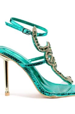 AZALEA WANG RHINESTONE COBRA STILETTO SANDAL IN GREEN -AKIRA salestore azalea wang rhinestone cobra stiletto sandal in green green 5 5