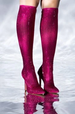 AZALEA WANG STATUE EMBELLISHED STRETCH BOOT IN PINK -AKIRA salestore azalea wang statue embellished stretch boot in pink pink 1 1
