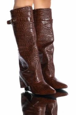 AZALEA WANG STUCK ON YOU FOLD OVER WEDGE BOOT IN BROWN CROC -AKIRA salestore azalea wang stuck on you fold over wedge boot in brown croc brown croc 1 1