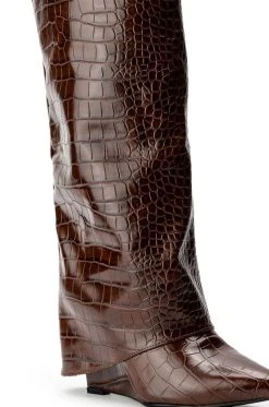 AZALEA WANG STUCK ON YOU FOLD OVER WEDGE BOOT IN BROWN CROC -AKIRA salestore azalea wang stuck on you fold over wedge boot in brown croc brown croc 5 5