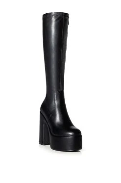AZALEA WANG SUTTON PU CHUNKY BOOT WITH 4 WAY STRETCH IN BLACK -AKIRA salestore azalea wang sutton pu chunky boot in black black 3 3