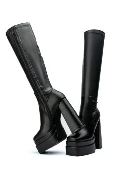 AZALEA WANG TO THE MAX CHUNKY STRETCH BOOT WITH 4 WAY STRETCH IN BLACK -AKIRA salestore azalea wang to the max chunky stretch boot in black black 5 5 c1