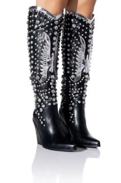AZALEA WANG UPBEAT RHINESTONE EMBELLISHED WESTERN BOOT IN BLACK