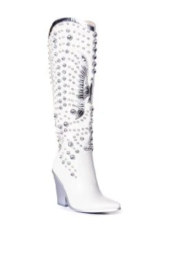 AZALEA WANG UPBEAT RHINESTONE EMBELLISHED WESTERN BOOT IN WHITE -AKIRA salestore azalea wang upbeat rhinestone embellished western boot in white white 3 3
