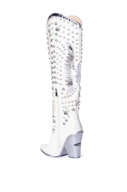 AZALEA WANG UPBEAT RHINESTONE EMBELLISHED WESTERN BOOT IN WHITE -AKIRA salestore azalea wang upbeat rhinestone embellished western boot in white white 4 4
