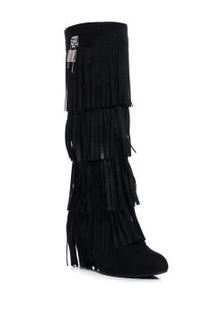 DIXIE FRINGE WEDGE BOOT IN BLACK -AKIRA salestore dixie fringe wedge boot in black black 3 3