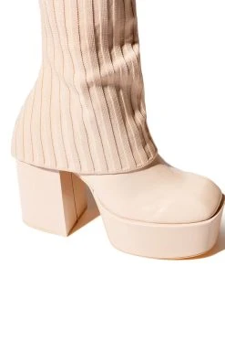 EXACTLY SIS KNIT FOLD OVER CHUNKY HEEL PLATFORM BOOT IN NUDE -AKIRA salestore exactly sis knit fold over chunky heel platform boot in nude nude 5 5