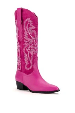 GENUINE LEATHER IGGY METALLIC WESTERN STYLE BELOW THE KNEE BOOT IN FUCHSIA -AKIRA salestore iggy metallic western style below the knee boot in fuchsia fuchsia 3 3