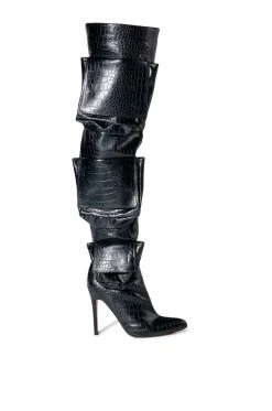 Alternative view of LEVEL UP OVER THE KNEE CROC STILETTO CARGO BOOT IN BLACK