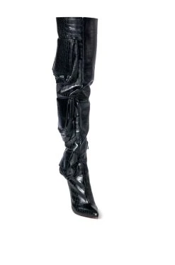 LEVEL UP OVER THE KNEE CROC STILETTO CARGO BOOT IN BLACK -AKIRA salestore level up over the knee croc stiletto cargo boot in black black 3 3