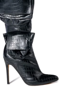 LEVEL UP OVER THE KNEE CROC STILETTO CARGO BOOT IN BLACK -AKIRA salestore level up over the knee croc stiletto cargo boot in black black 5 5