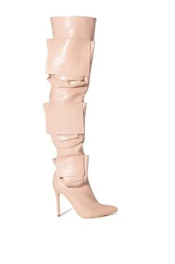 Alternative view of LEVEL UP OVER THE KNEE CROC STILETTO CARGO BOOT IN NUDE