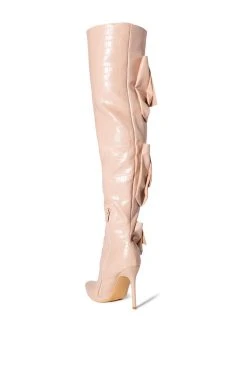 LEVEL UP OVER THE KNEE CROC STILETTO CARGO BOOT IN NUDE -AKIRA salestore level up over the knee croc stiletto cargo boot in nude nude 4 4